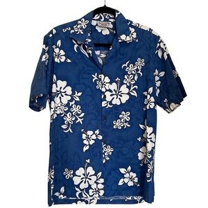 Pacific Legend Hawaiian Button-Up Shirt Blue White Floral Men’s Medium Tropical